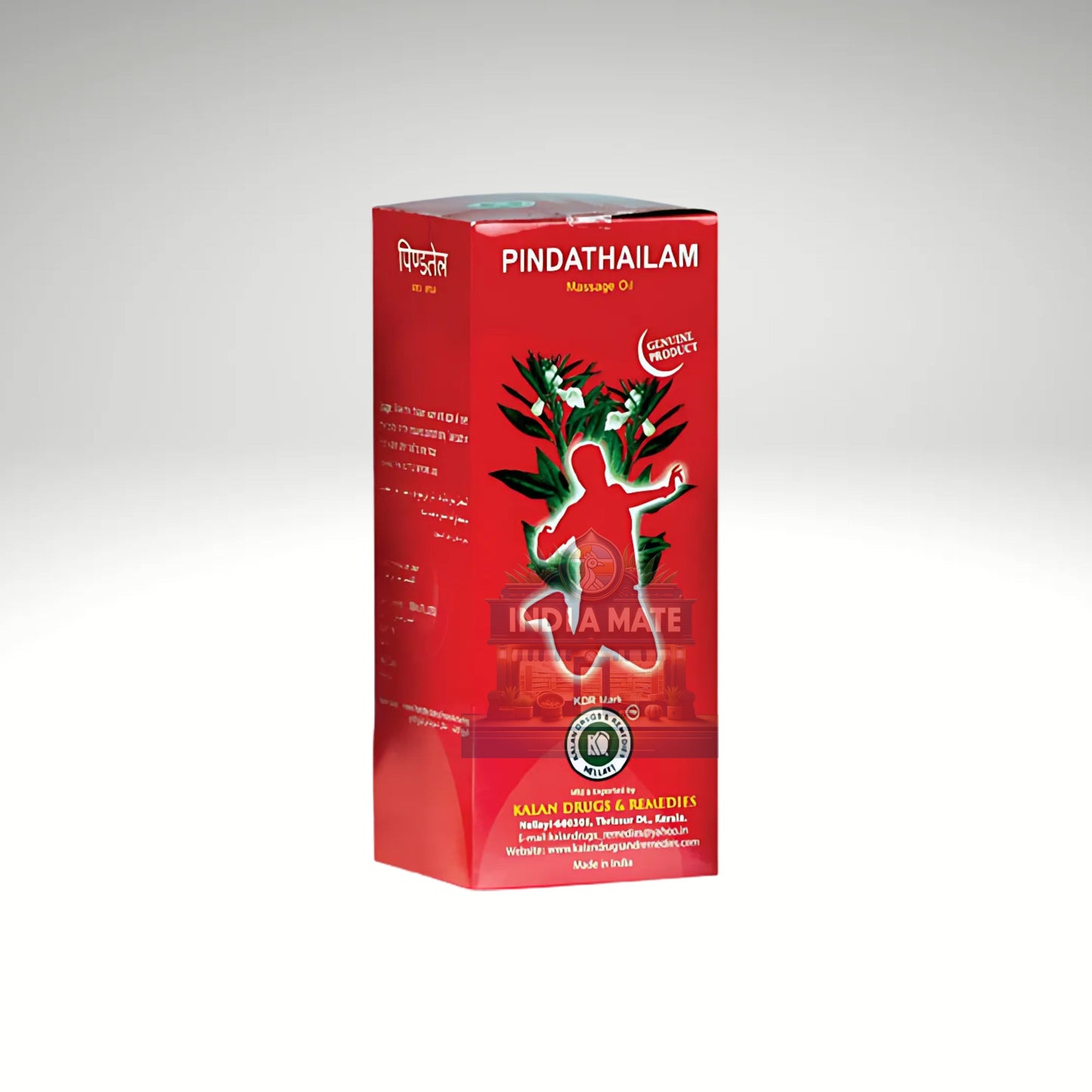 Red box of Pindathailam massage oil on a gray background