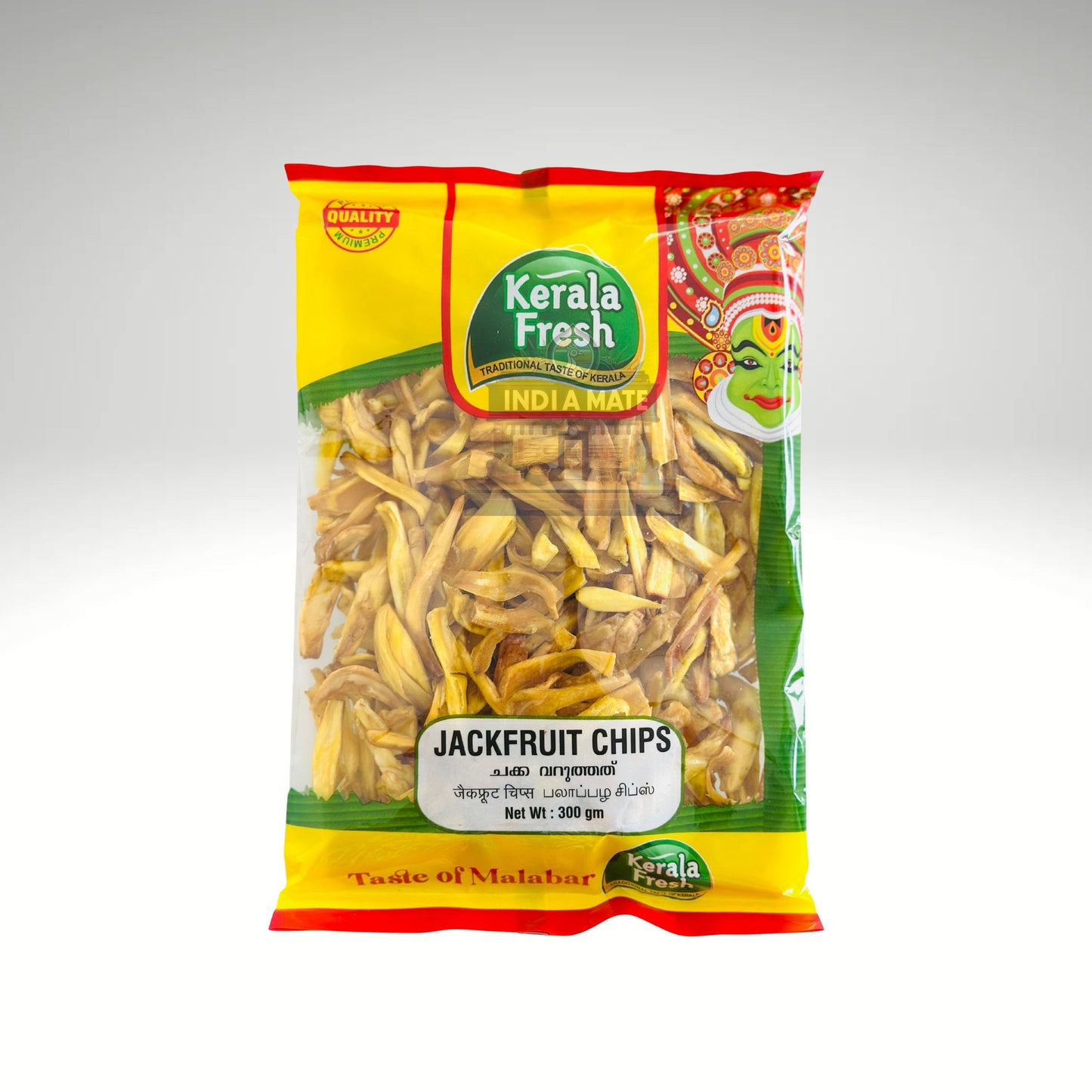 Packaged jackfruit chips from Kerala Fresh on a white background
