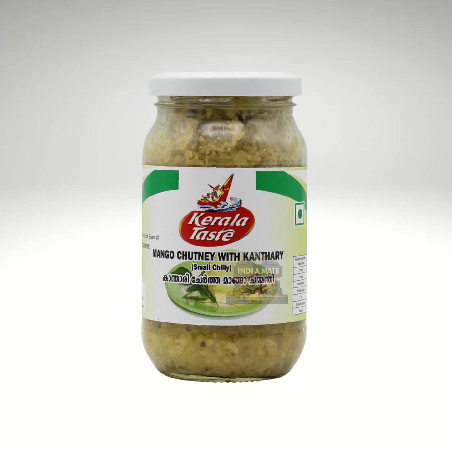 Jar of Kerala Taste mango chutney with kanthary on a white background