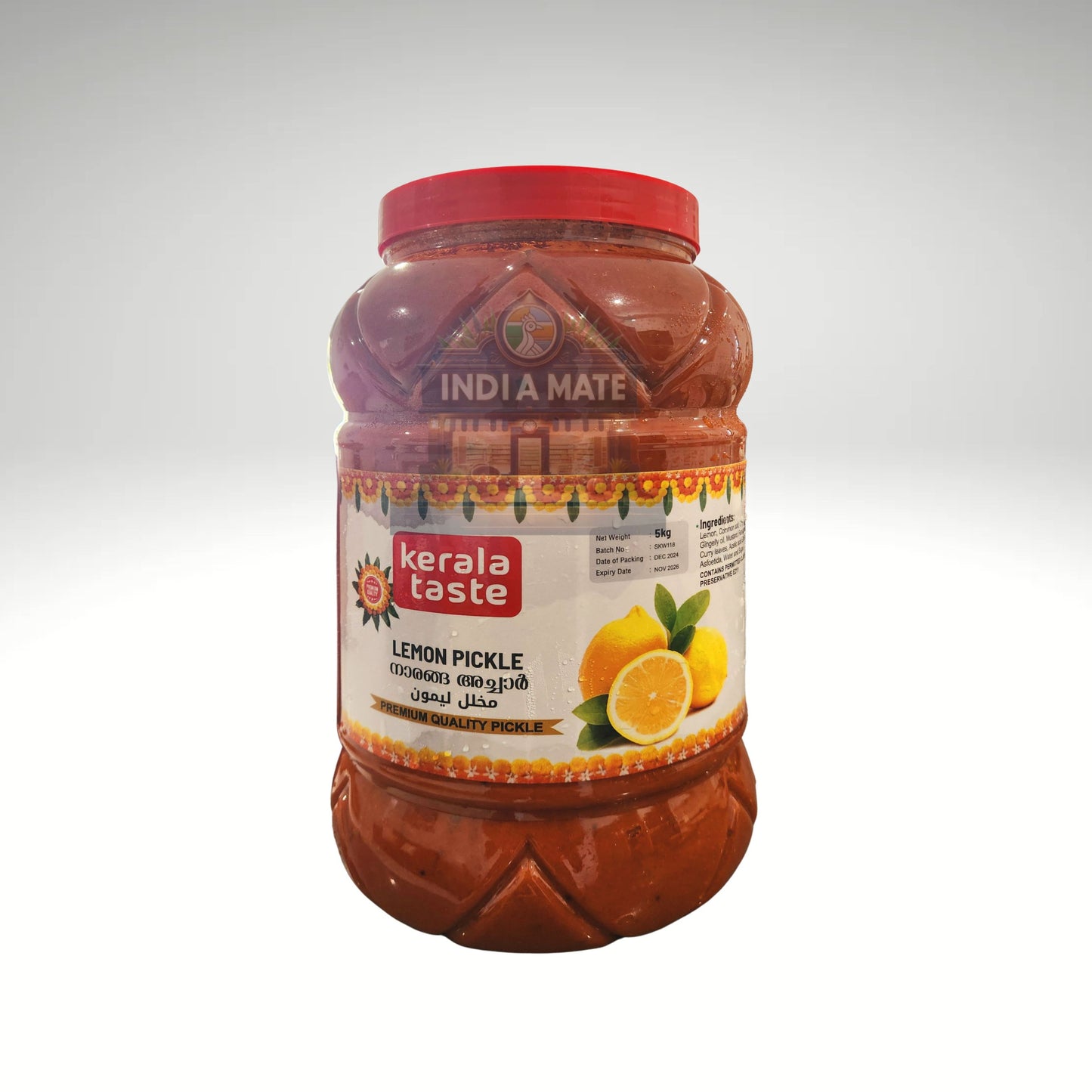 Jar of Kerala Taste lemon pickle with a red lid on a white background