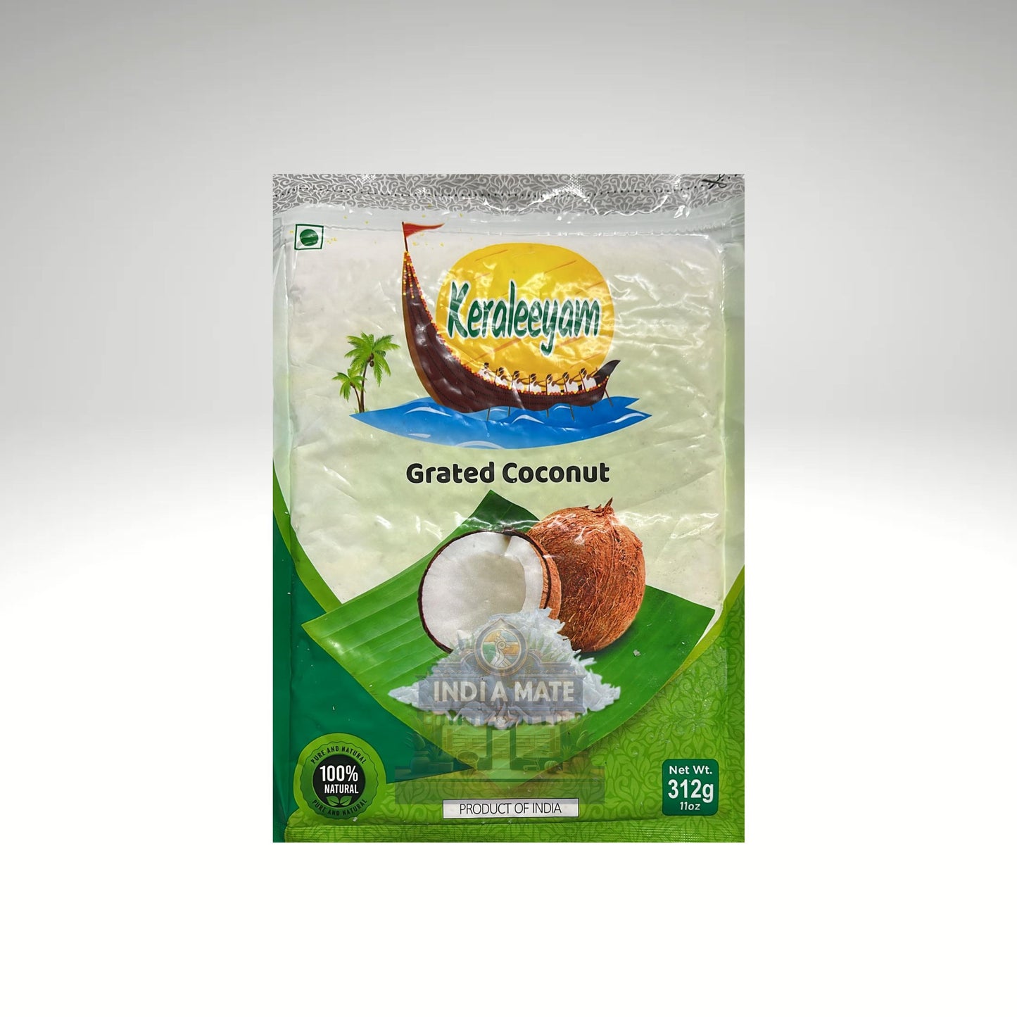 Packaging of Keraleeyam Grated Coconut on a white background
