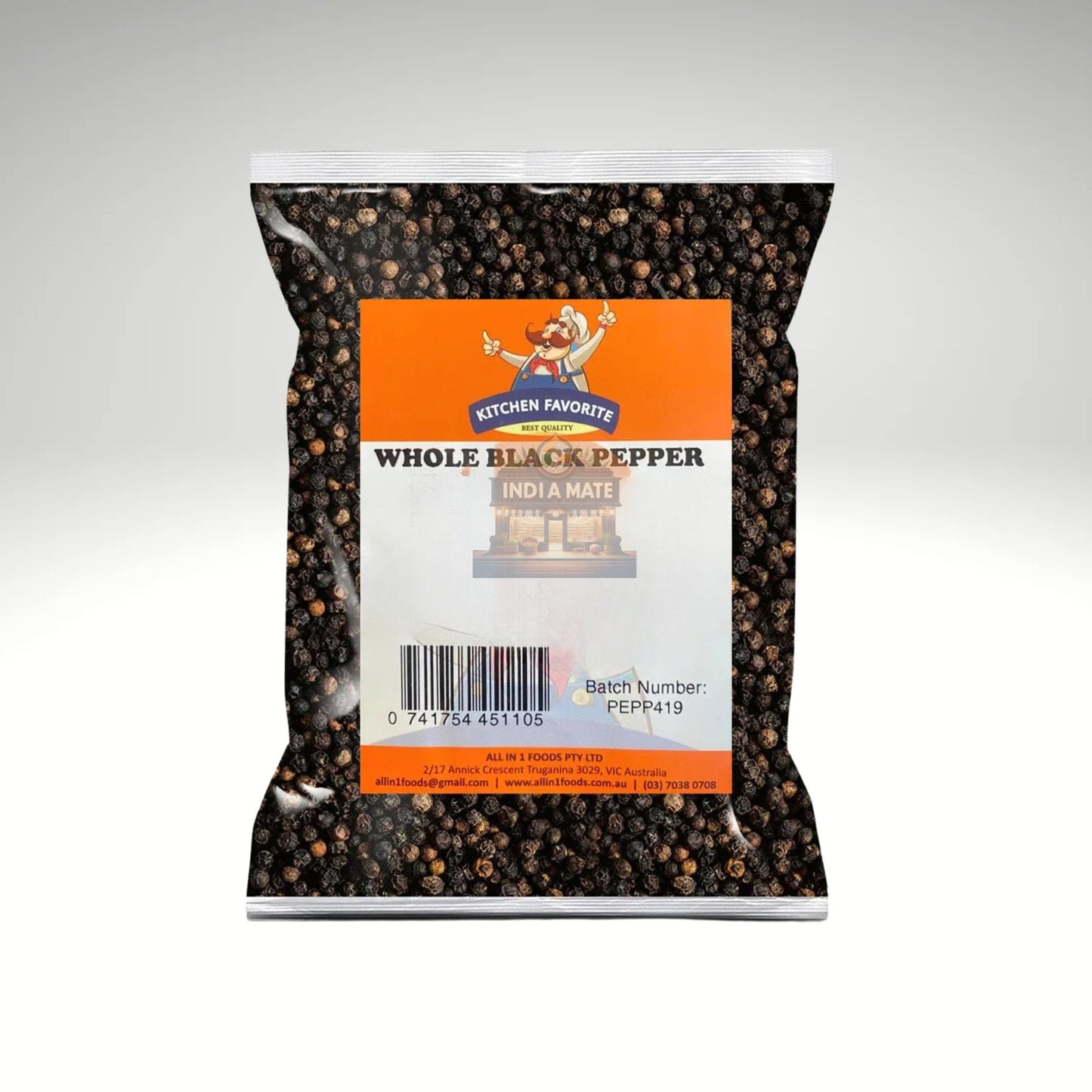 Bag of whole black pepper with a visible brand label on a white background