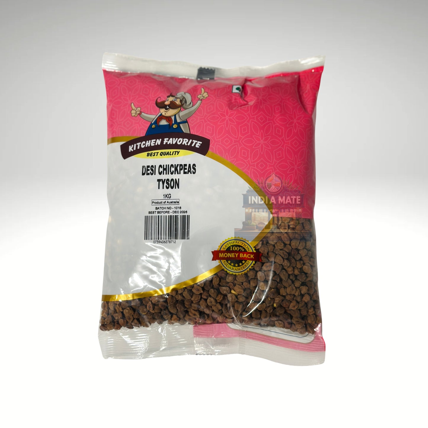 Bag of desiccated chickpeas with a pink label on a white background