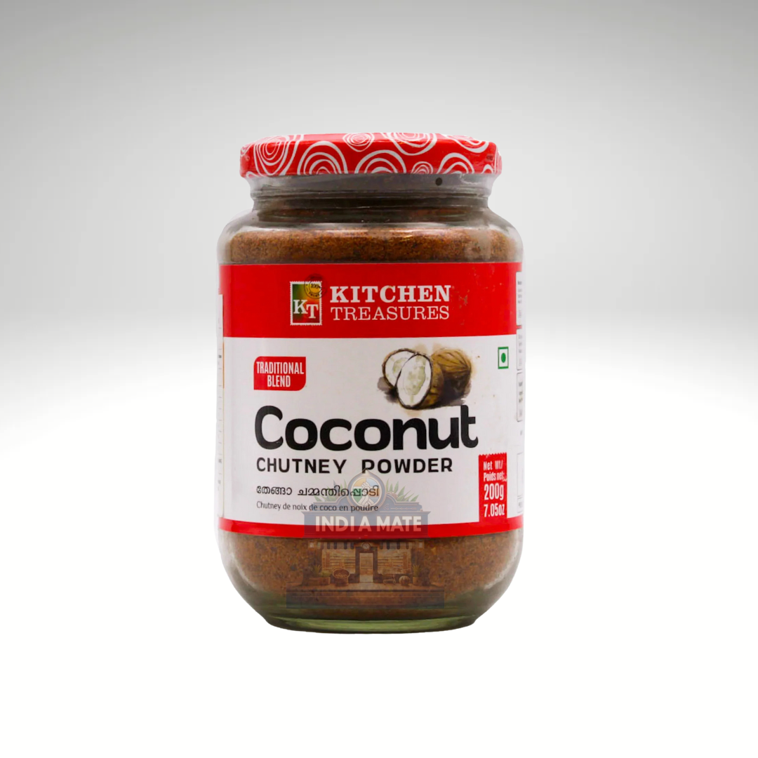 Jar of Coconut Chutney Powder with 'Kitchen Treasures' label on a white background