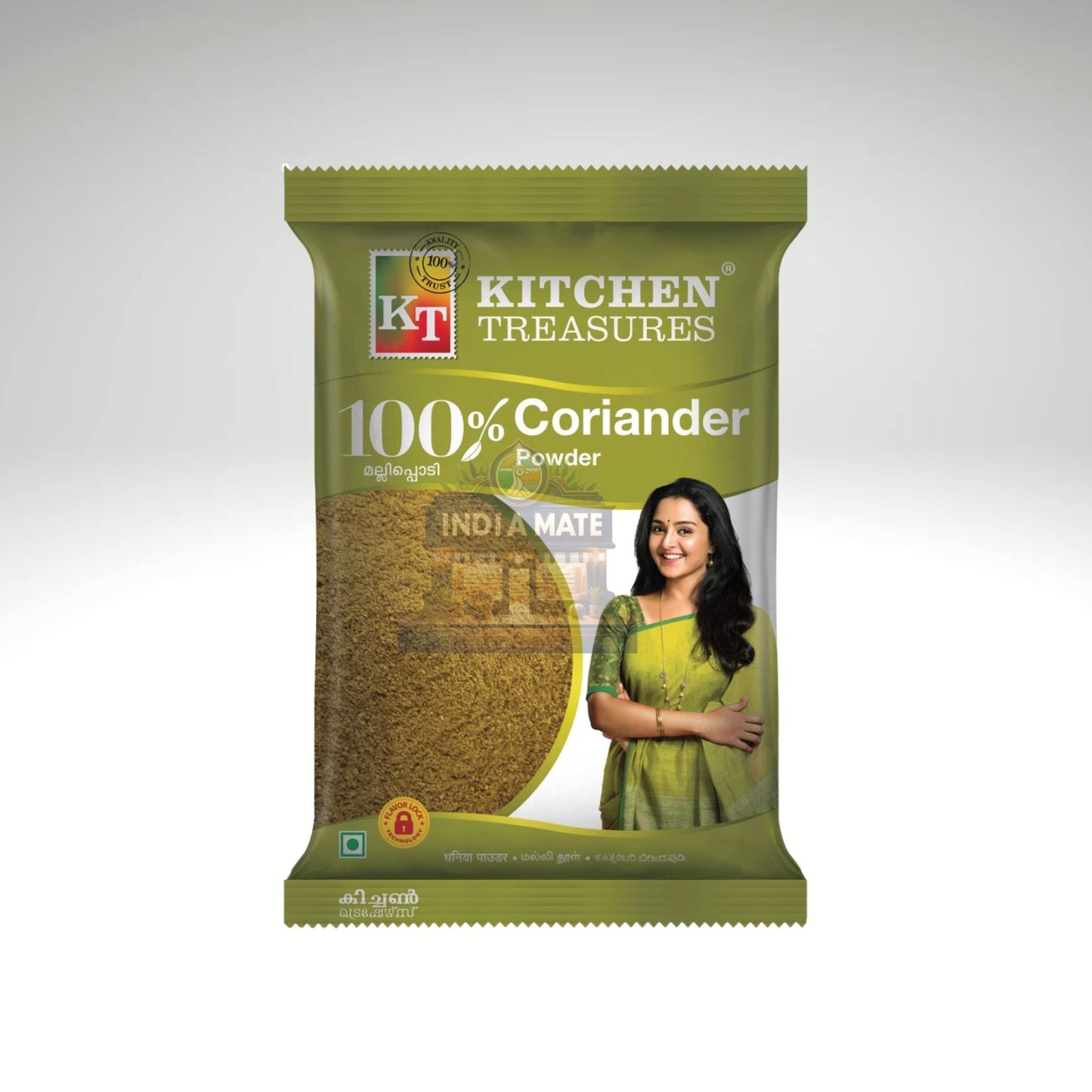 Green package of Kitchen Treasures 100% Coriander Powder with a woman on the label.