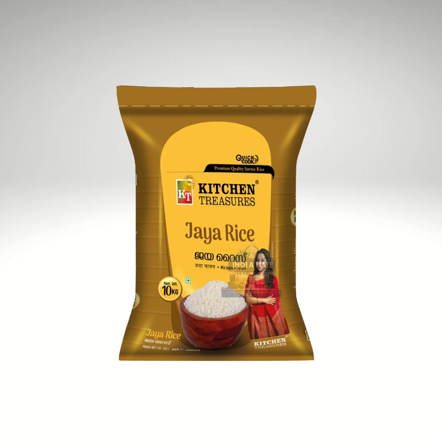 Packaged rice with 'Kitchen Treasures Jaya Rice' label on a white background