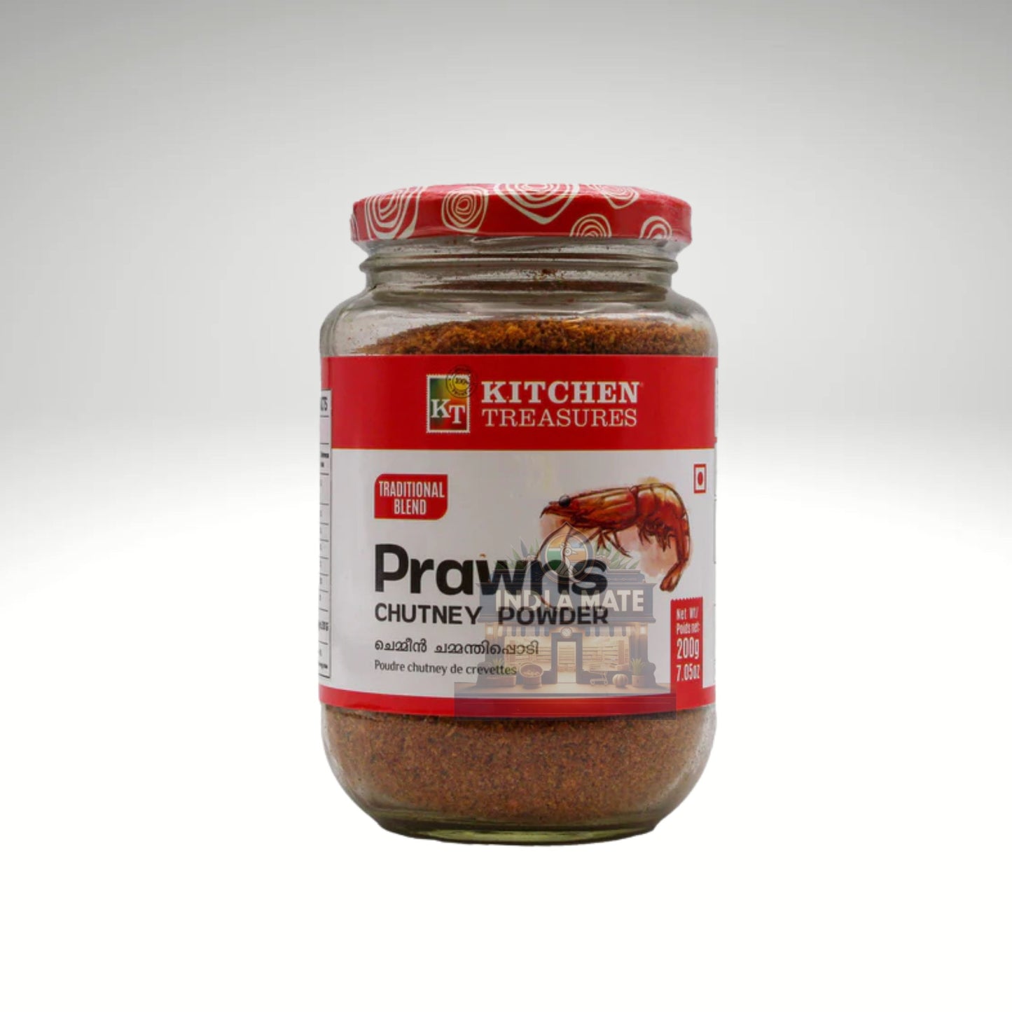 Jar of prawns chutney powder with a red label on a white background