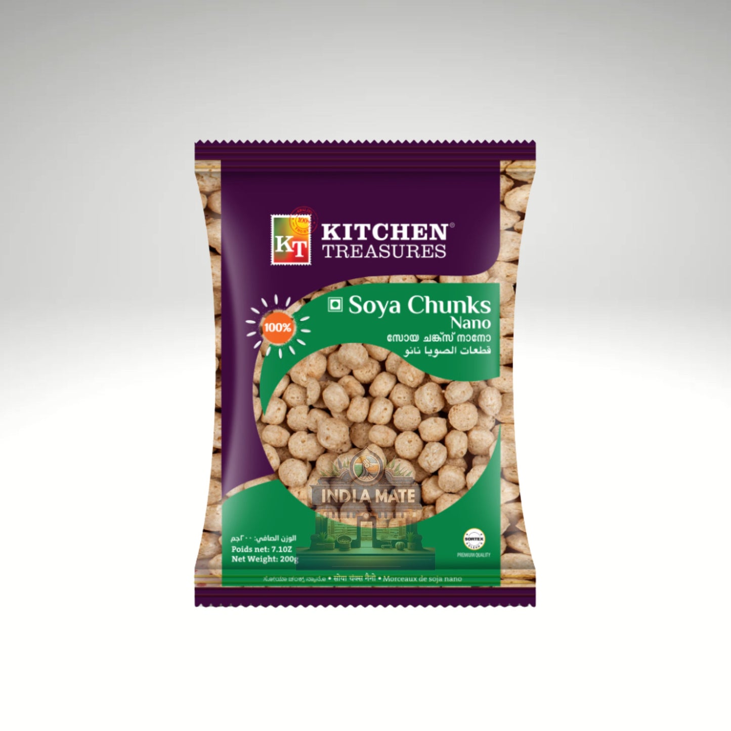 Packaging of Kitchen Treasures Soya Chunks on a white background