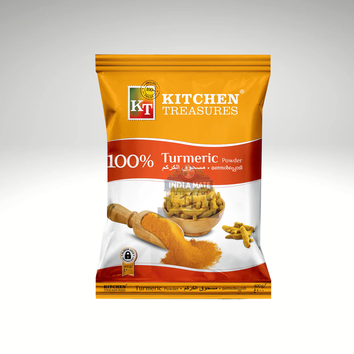 Kitchen Treasures 100% Turmeric Powder packaging on a white background