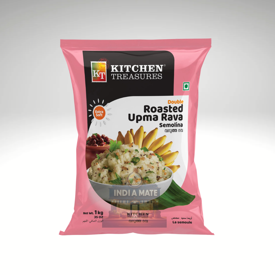 Pink package of Kitchen Treasures Roasted Upma Rava Semolina on a white background