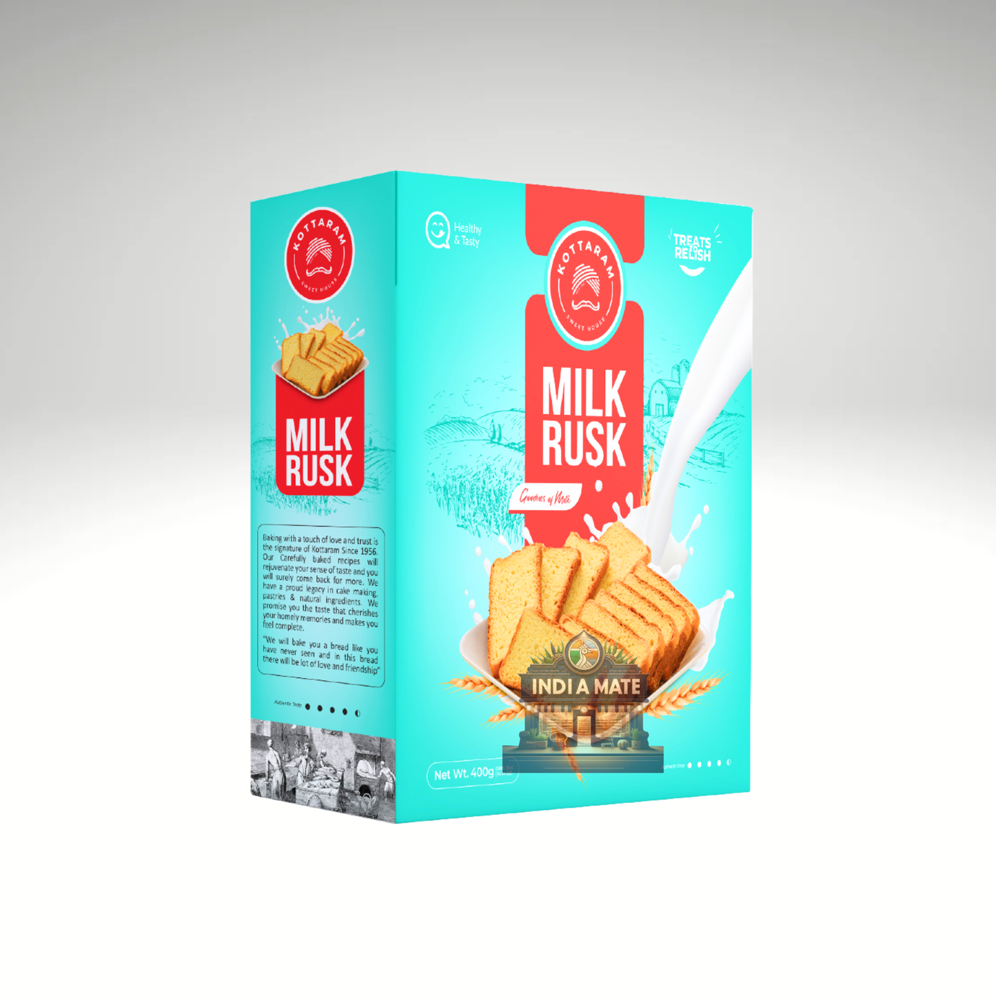 Milk Rusk packaging with a blue and red design on a gray background