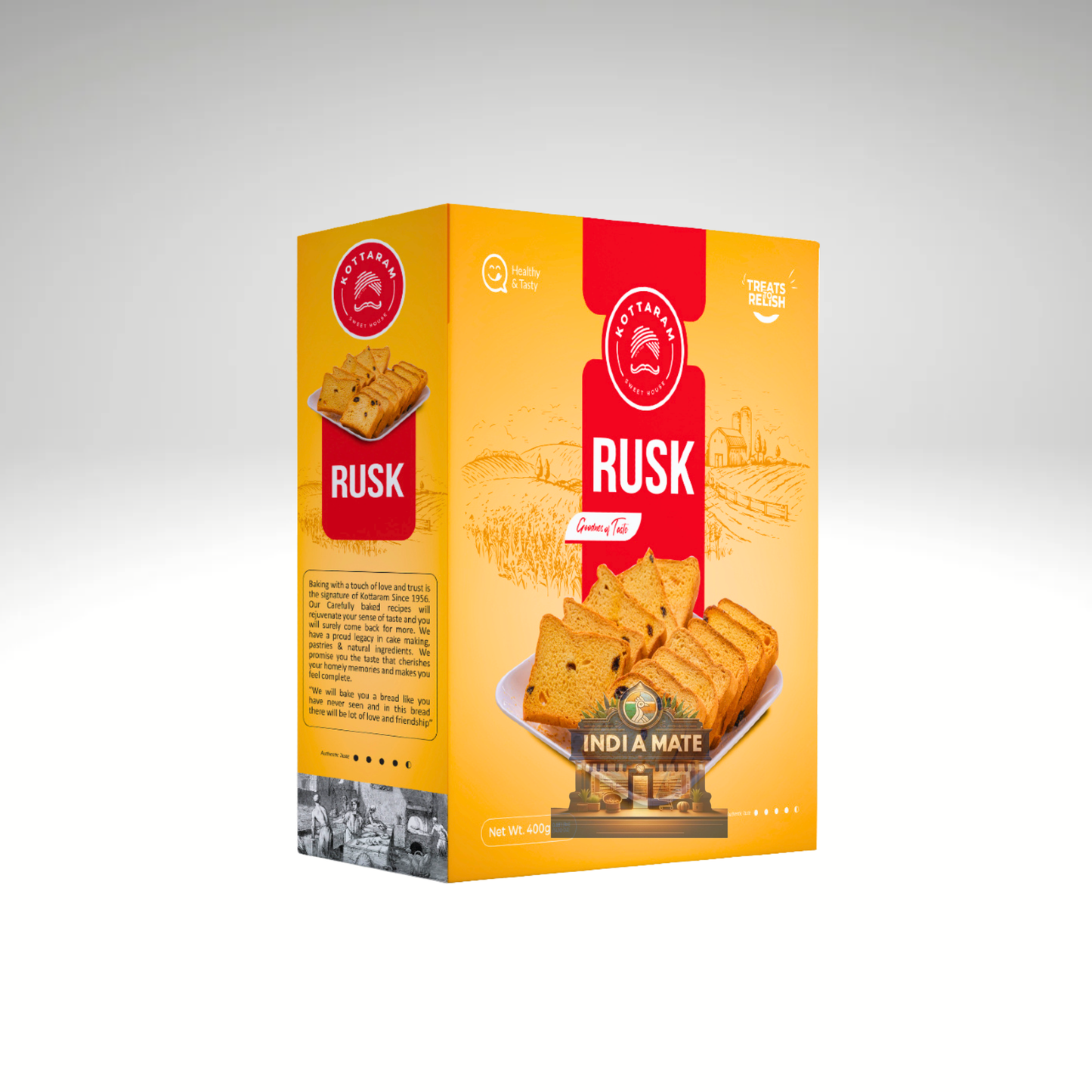 Box of Rusk cookies with a yellow and red design on a gray background