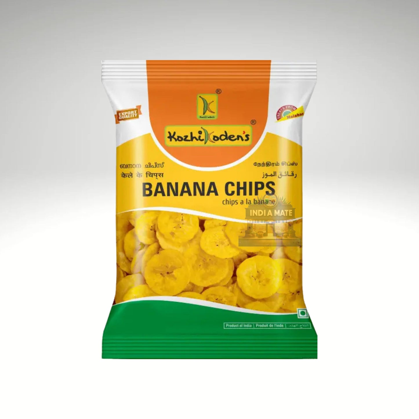 Packaged banana chips with Kochi Lodens branding on a white background