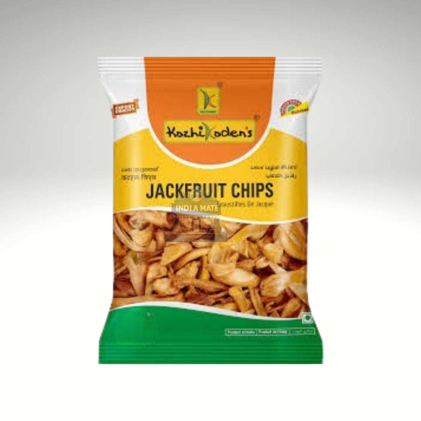 Packaged jackfruit chips with a brand logo on a gray background
