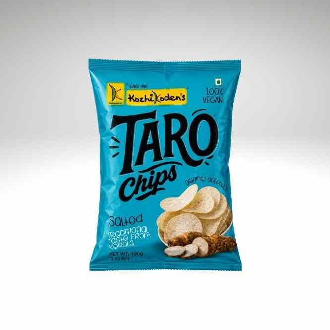 A blue bag of kozhikodens Taro Chips, Salta, on a light gray gradient background. The packaging features the brand logo, 'TARO chips' in large black text, and an illustration of taro chips.