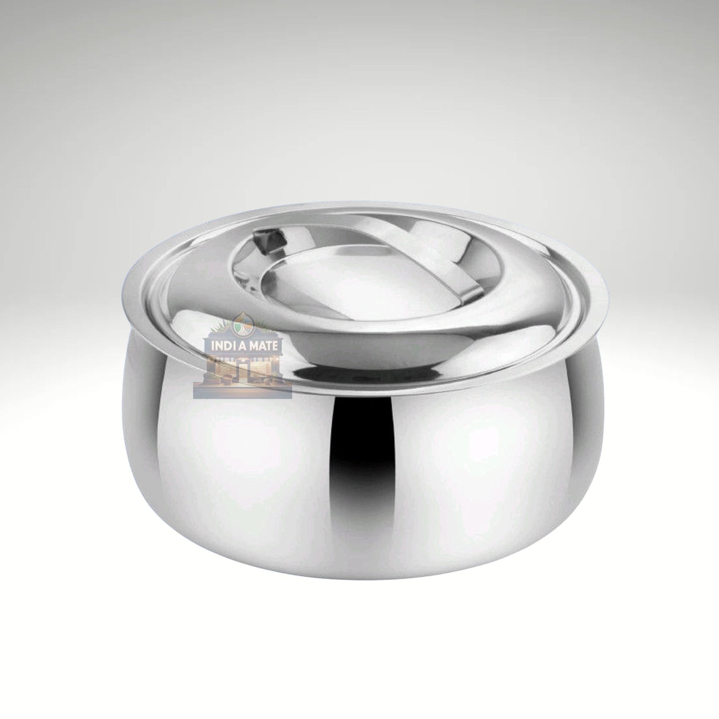 Stainless steel container with lid on a white background