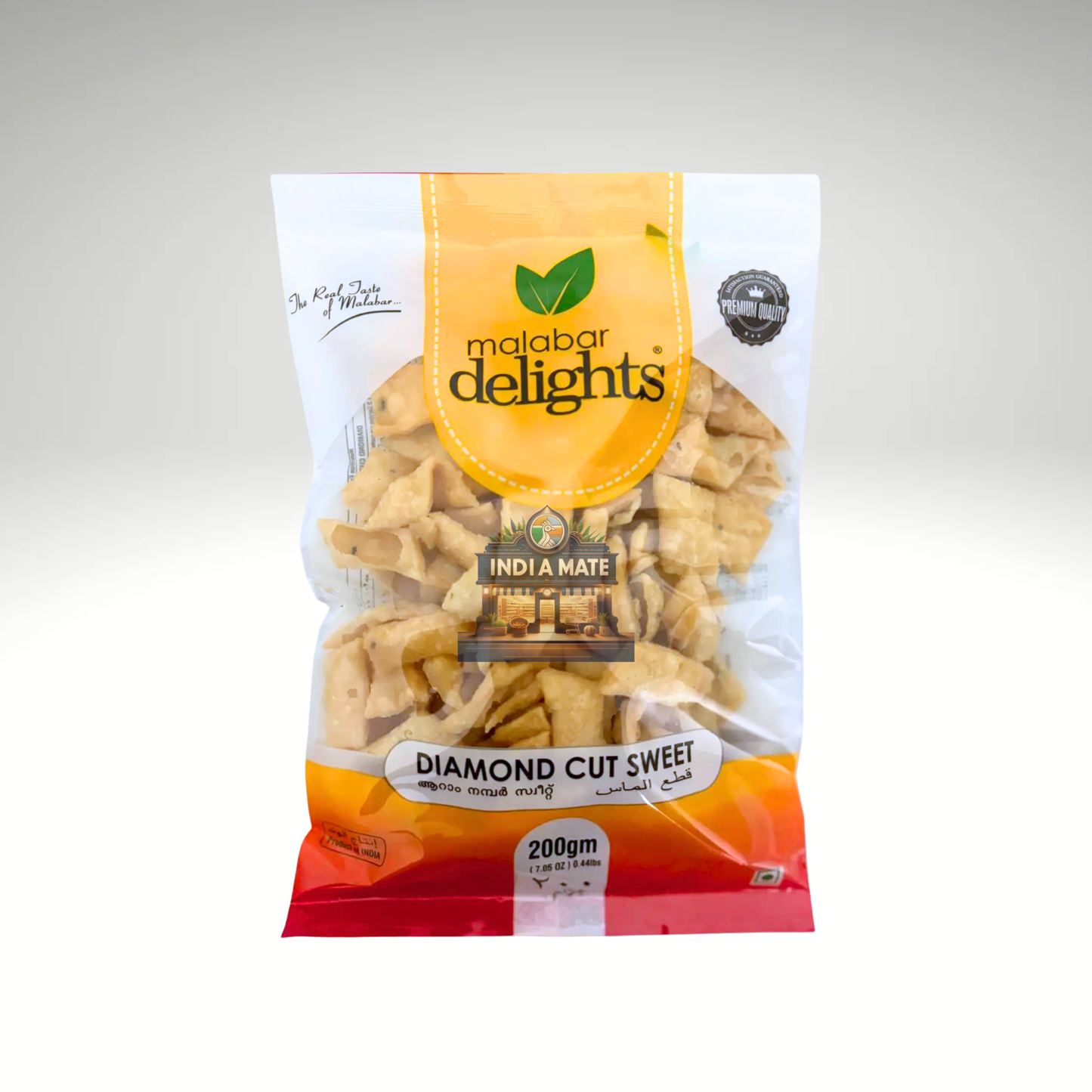 Packaged snack with 'Malabar Delights' branding on a gray background