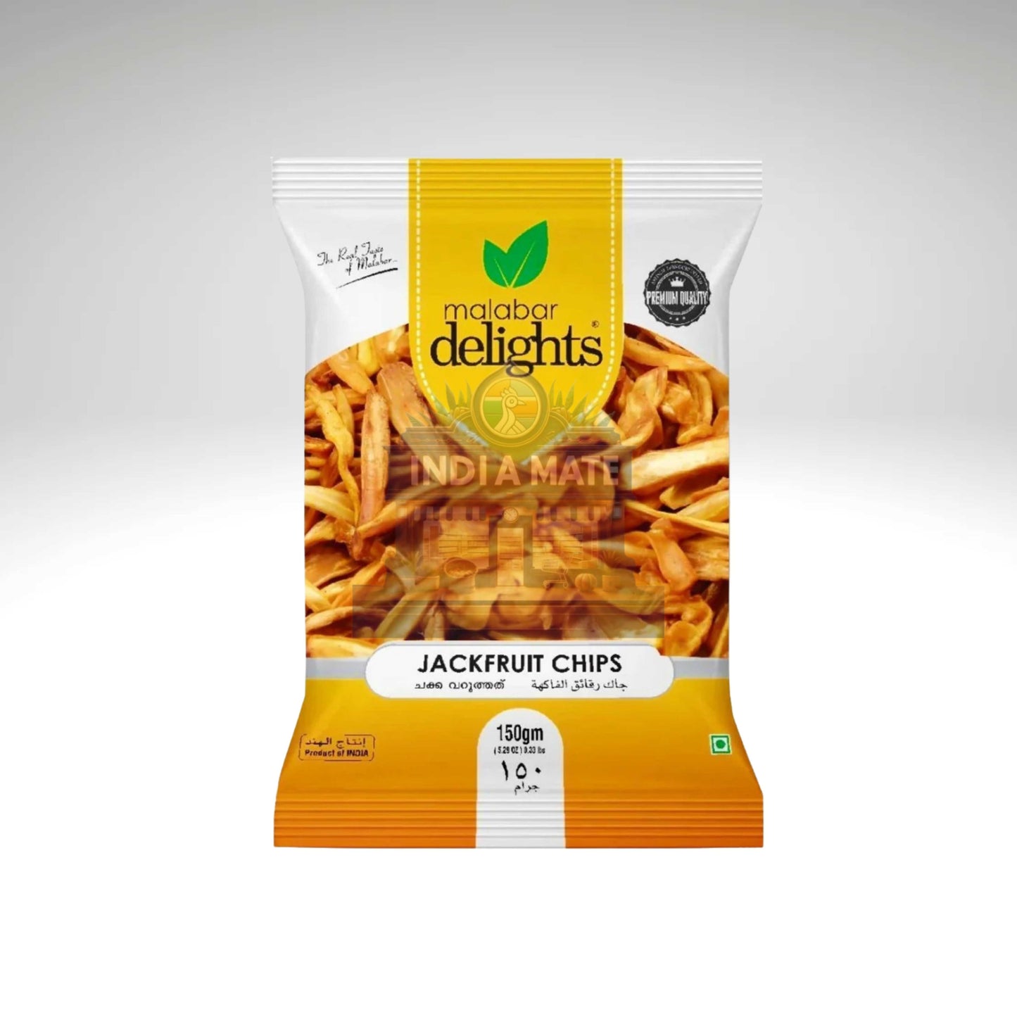 Packaged jackfruit chips from Malabar Delights on a white background
