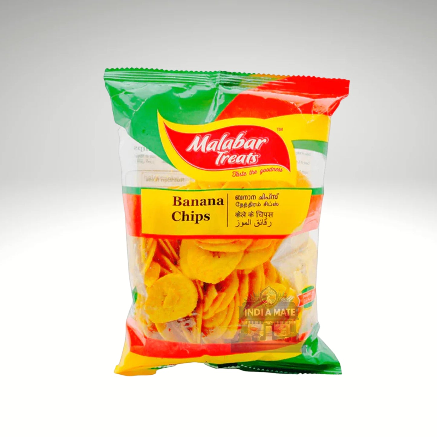 Packaged banana chips with Malabar Treats branding on a white background
