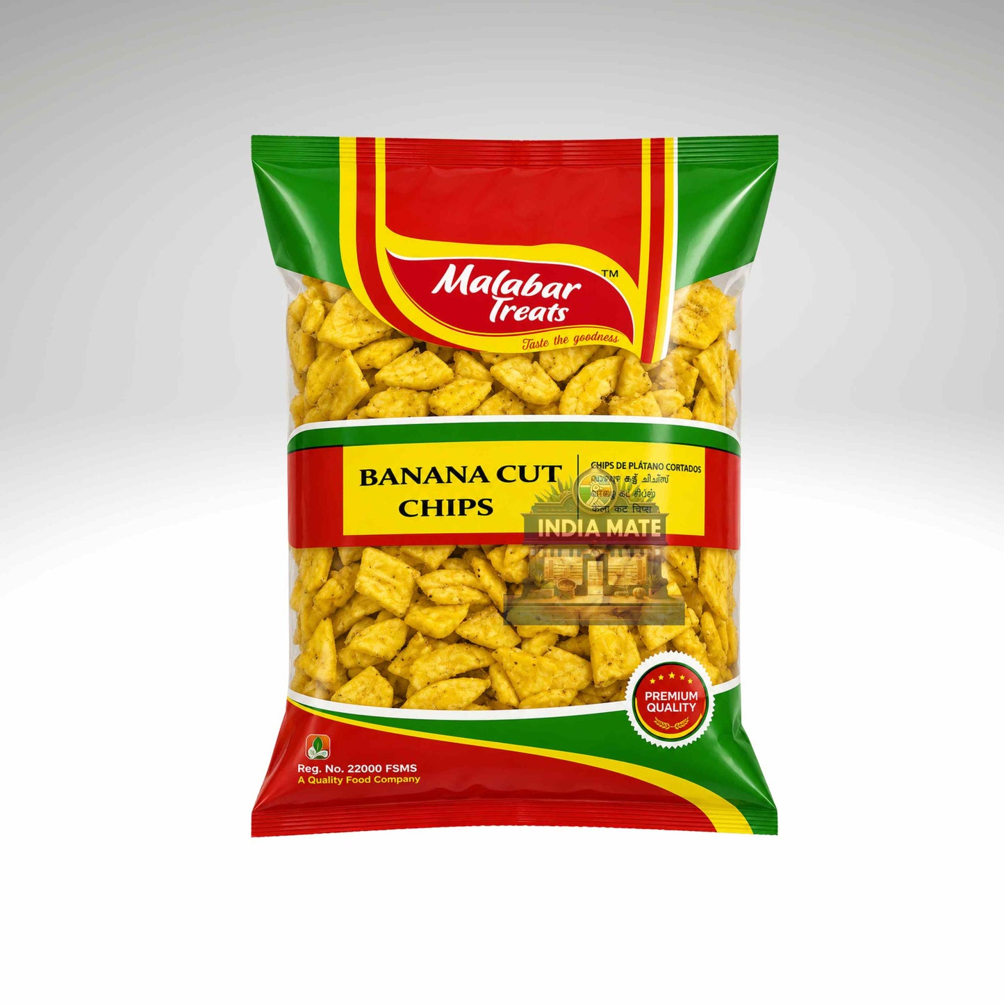 A bag of Malabar Treats Banana Cut Chips (India Mate flavor) on a light gray gradient background. The packaging is red, green, and yellow, showing the golden-brown potato chips inside through a clear window.