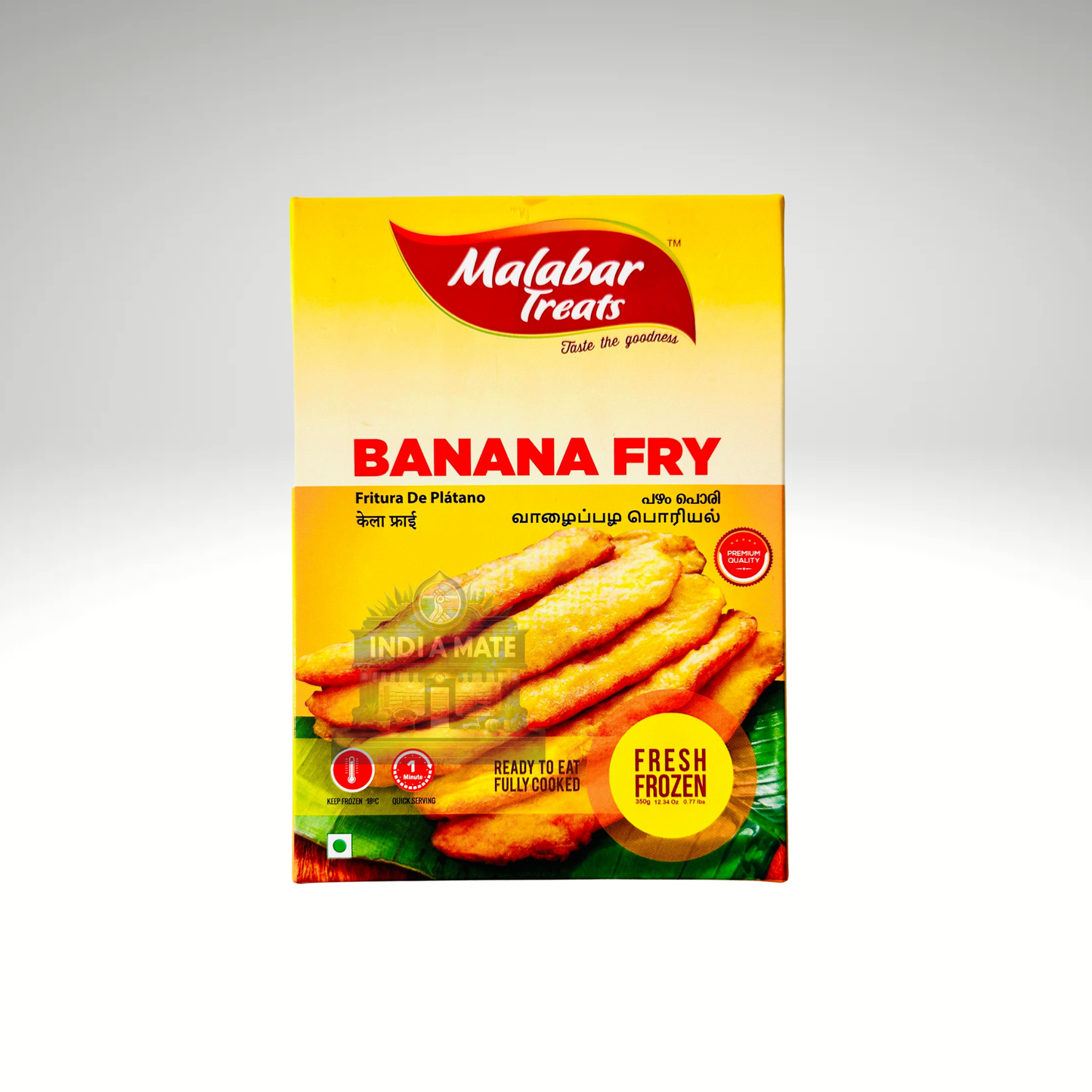 Malabar Treats Banana Fry packaging on a gray background