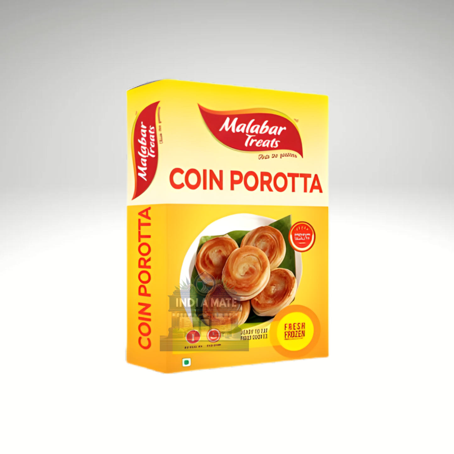 Malabar Treats Coin Porotta packaging on a gray background