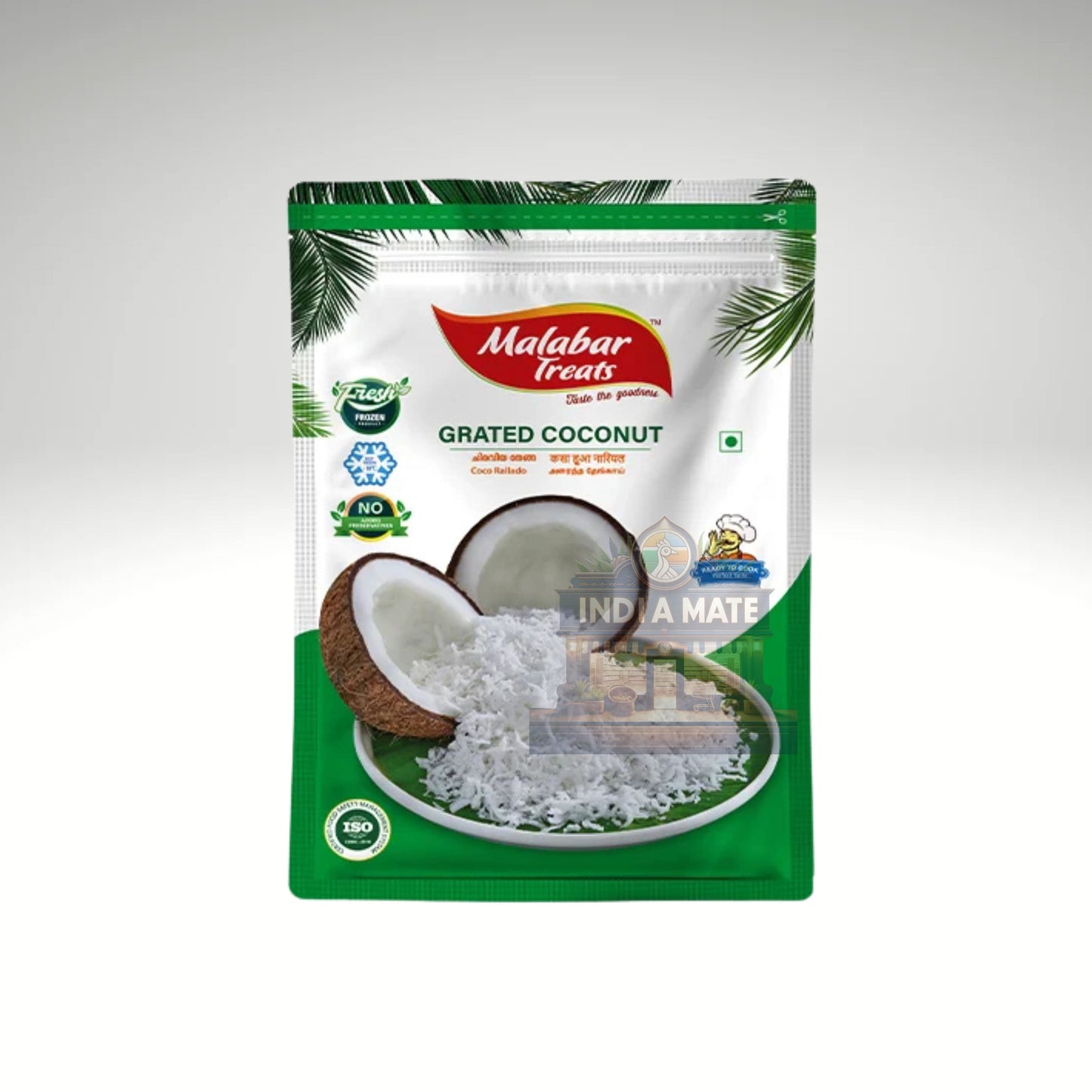 Packaging of Malabar Treats grated coconut on a white background