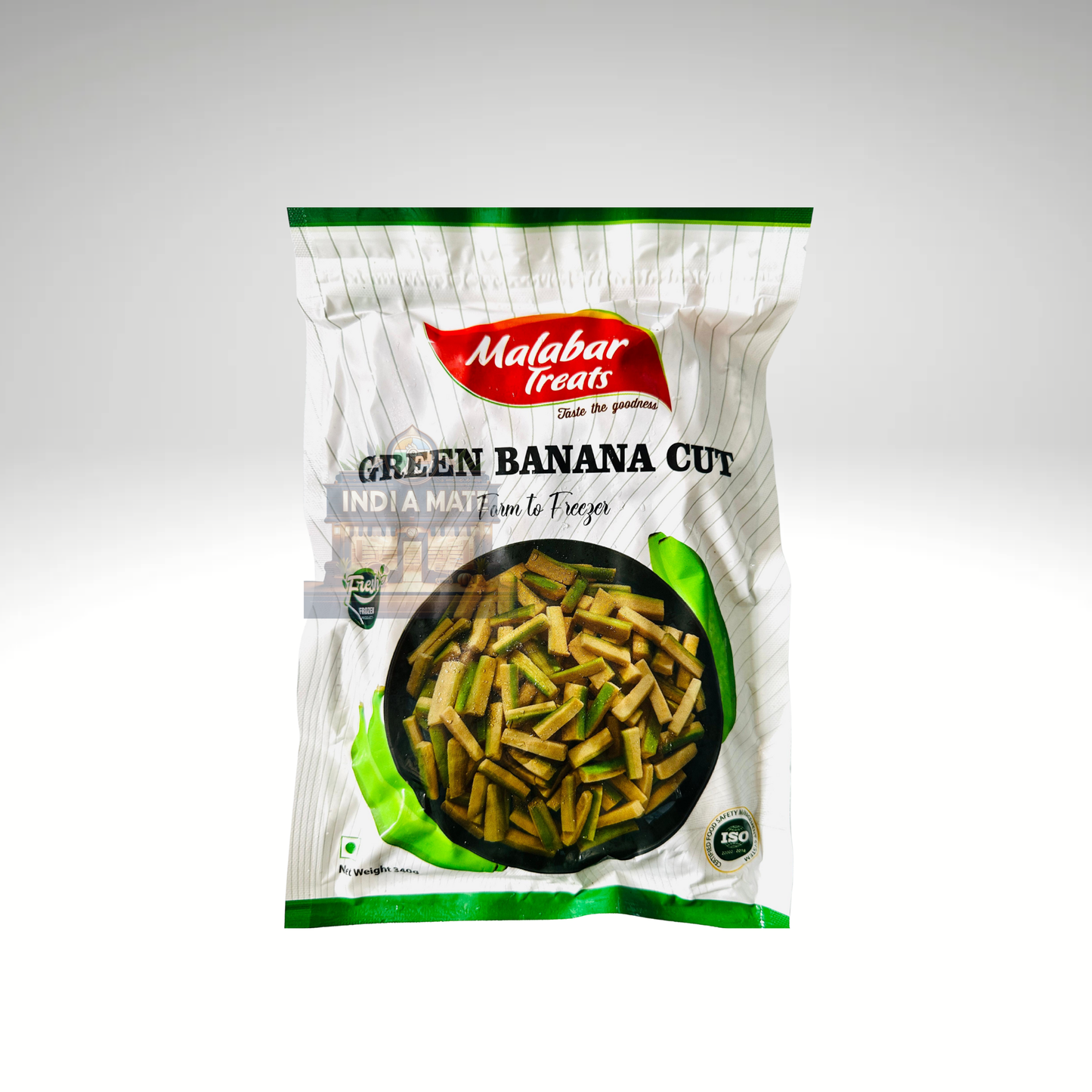 Packaged green banana cut by Malabar Treats on a white background