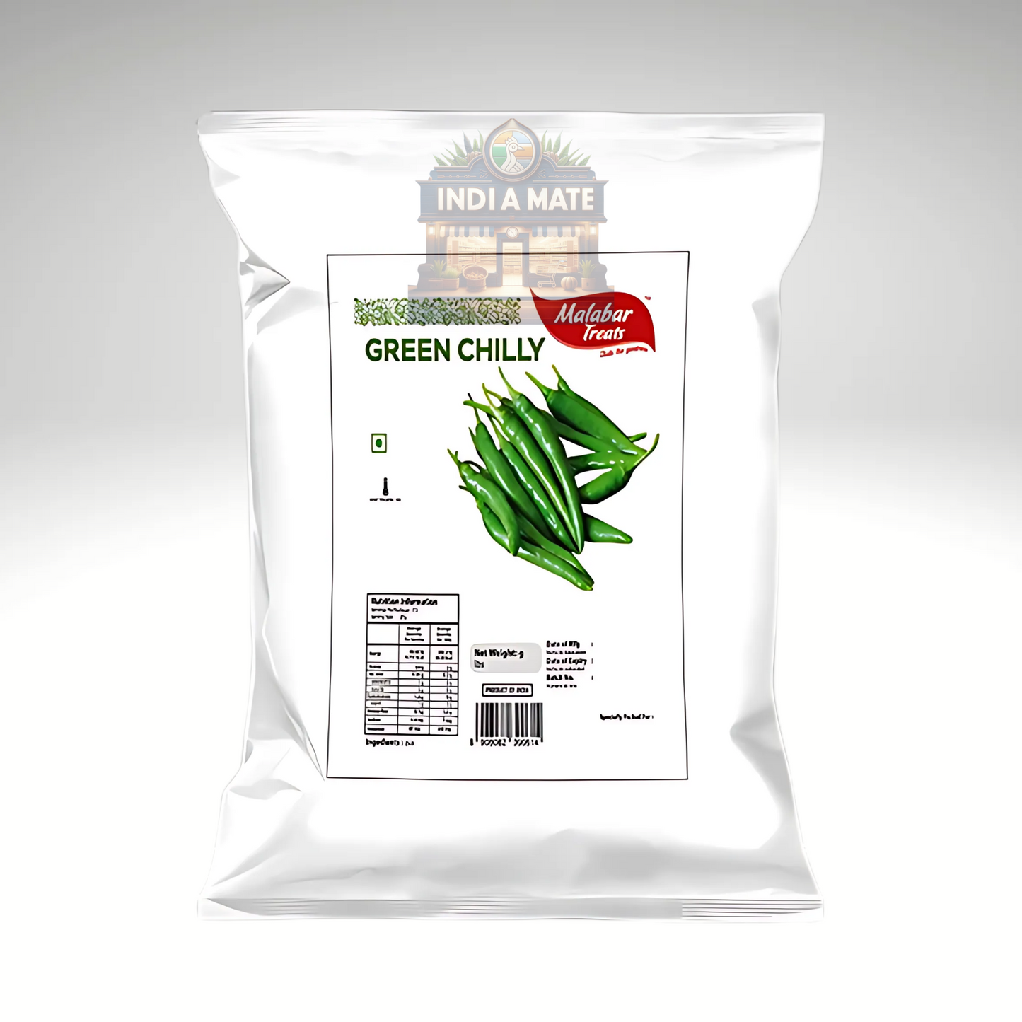 Packaged green chilies with a visible brand label on a white background