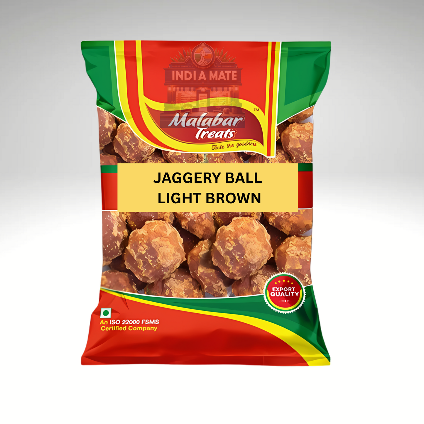 Packaged jaggery balls with 'Indi A Mate Malabar Treats' branding on a gray background