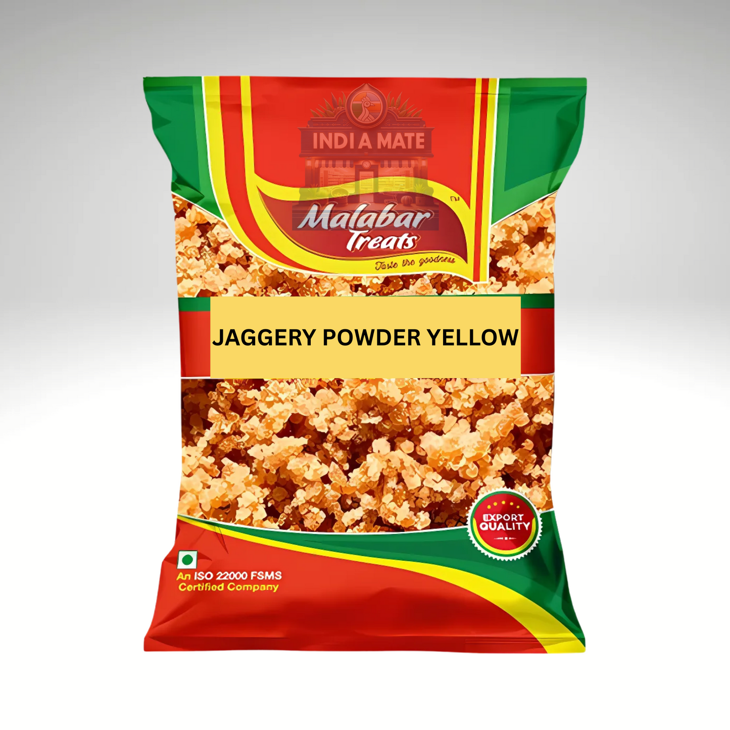 Packaging of Jaggery Powder Yellow by Malabar Treats on a gray background