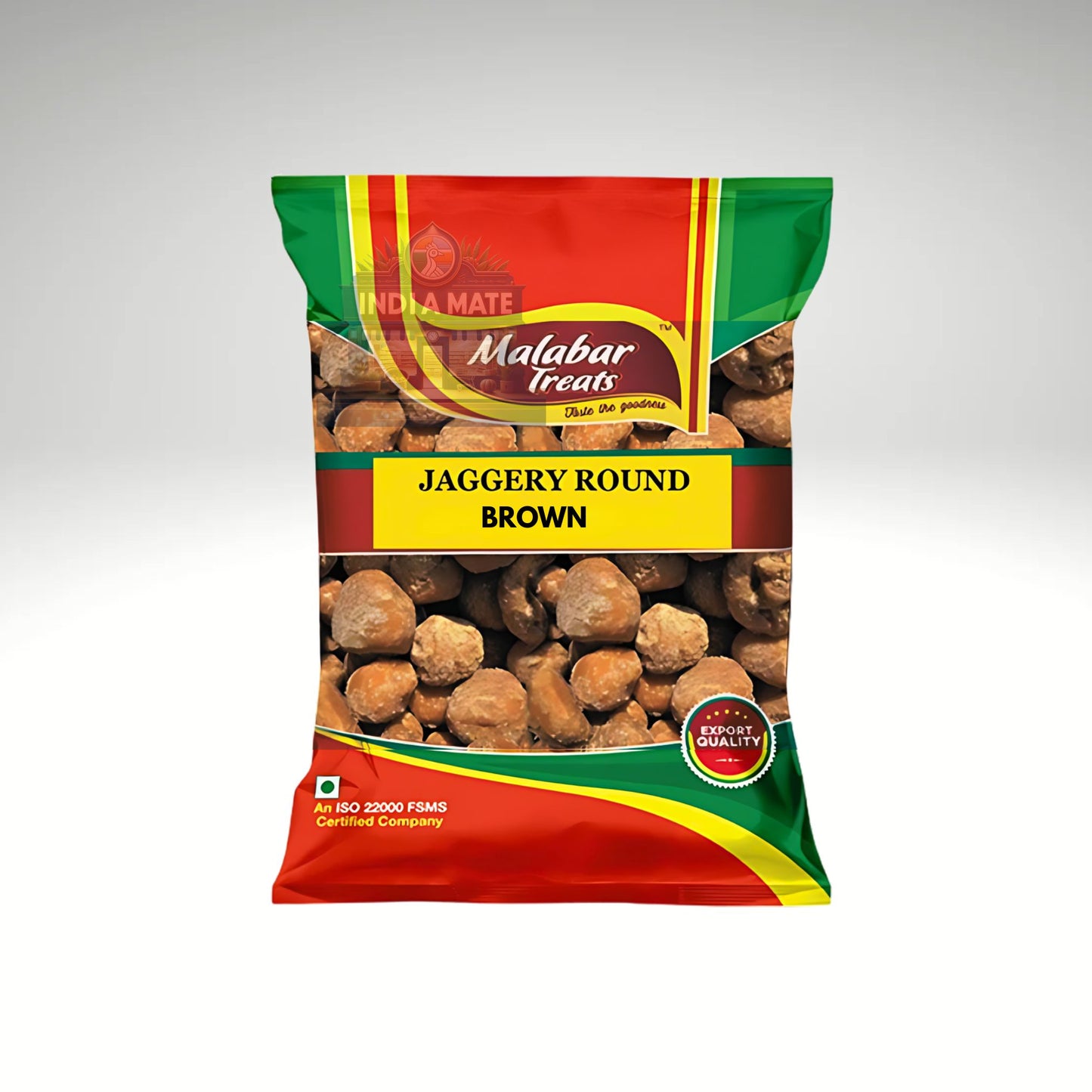 Packaged Jaggery Round Brown by Malabar Treats on a white background