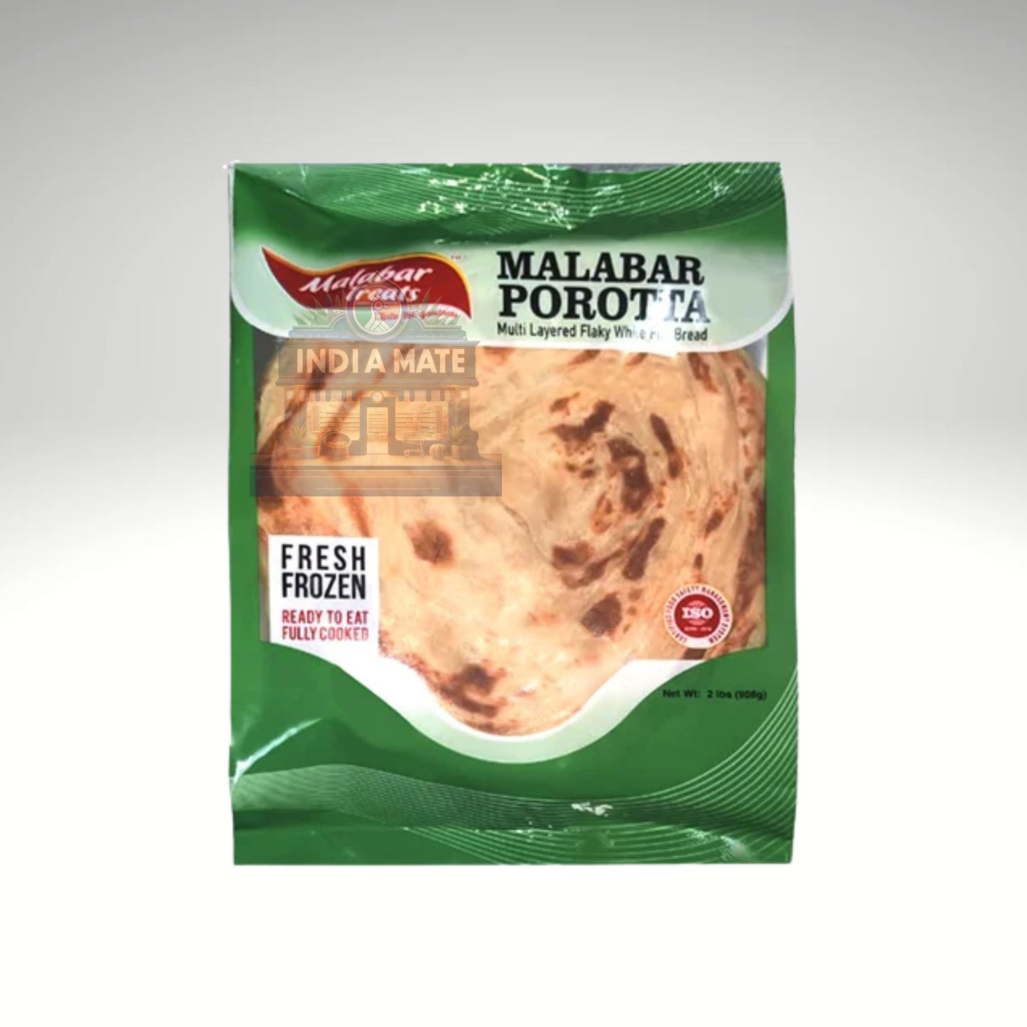 Packaged Malabar Porotta with green and white design on a gray background