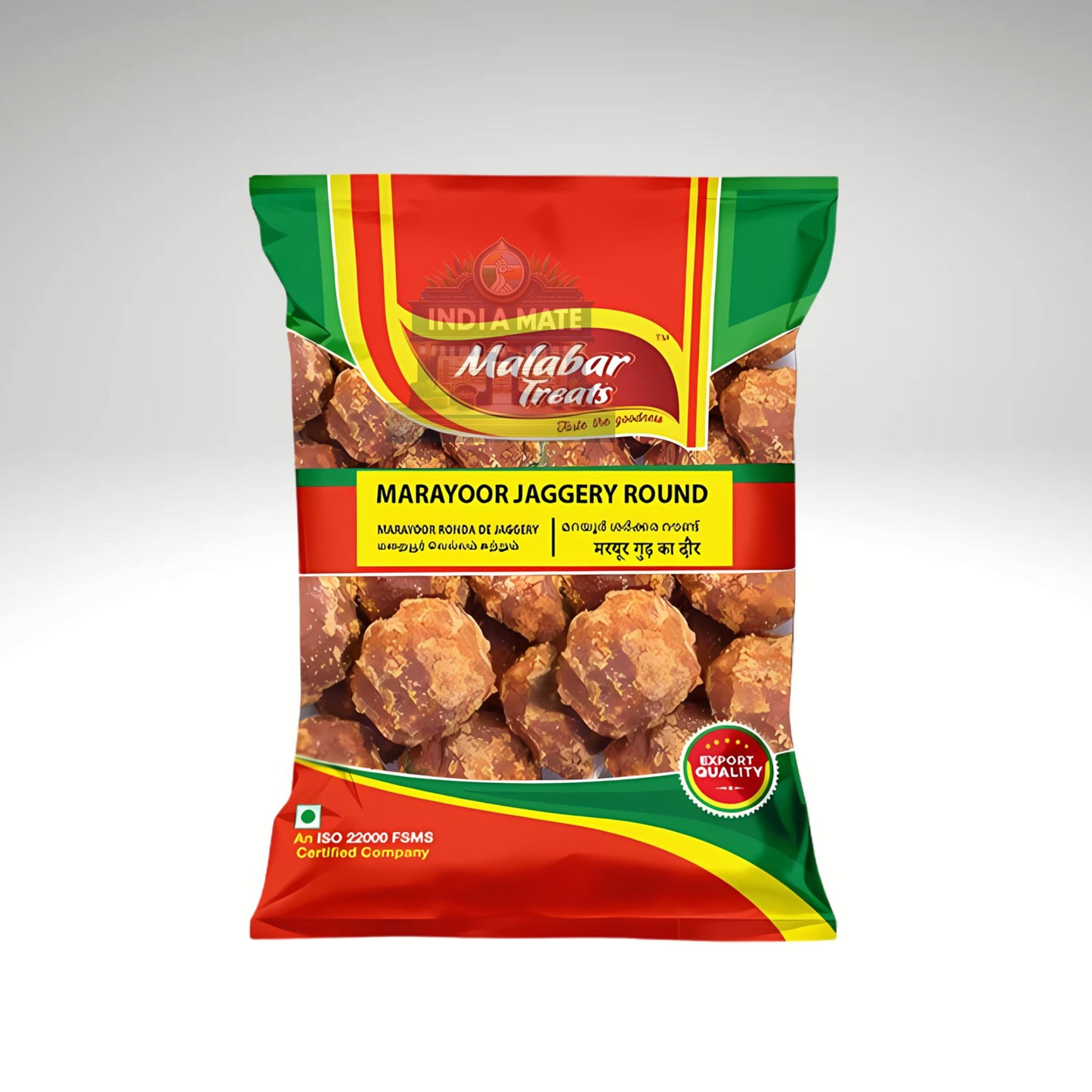 Packaged Marayoor Jaggery Round by Malabar Treats on a white background