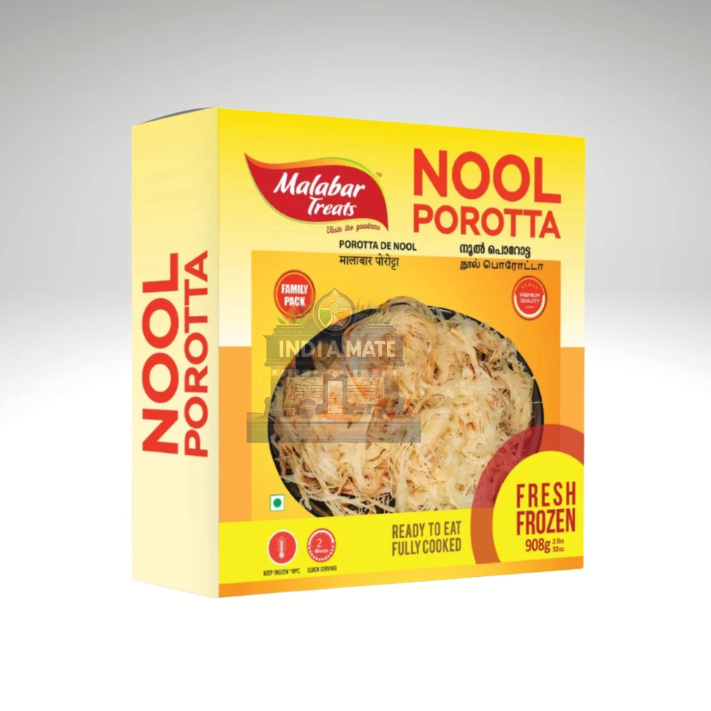 Malabar Treats Nool Porotta packaging on a gray background