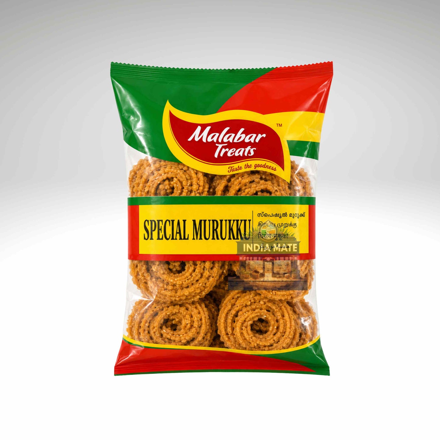 A package of Malabar Treats Special Murukku India Mate, showing the golden-brown rolled snacks visible through a clear lower section of the packaging, with a green, red, and yellow label design.