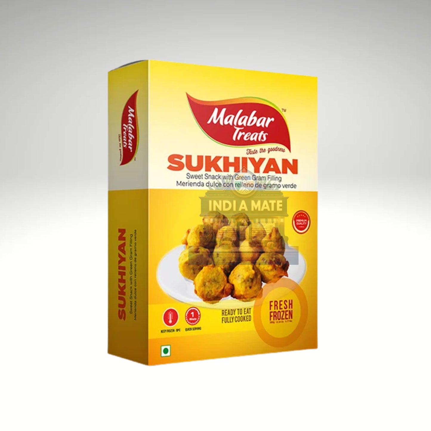 Malabar Treats Sukhiyan packaging on a gray background