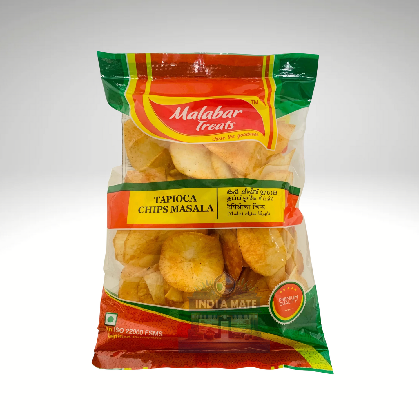 Packaged Tapioca Chips Masala from Malabar Treats on a white background