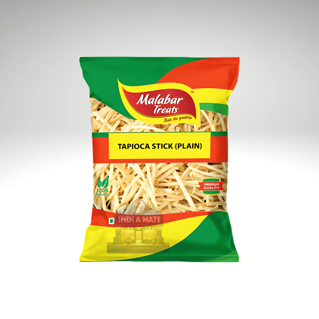 Packaged tapioca sticks with Malabar Treats branding on a gray background