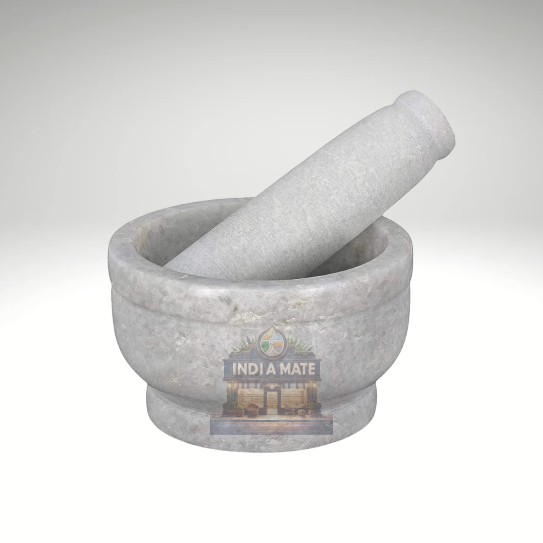 Mortar and pestle set on a white background with 'Indi Mate' branding.