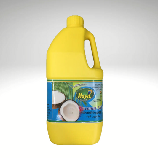 Mayil Coconut Oil, pure and natural coconut oil for cooking and hair care, in a yellow bottle.