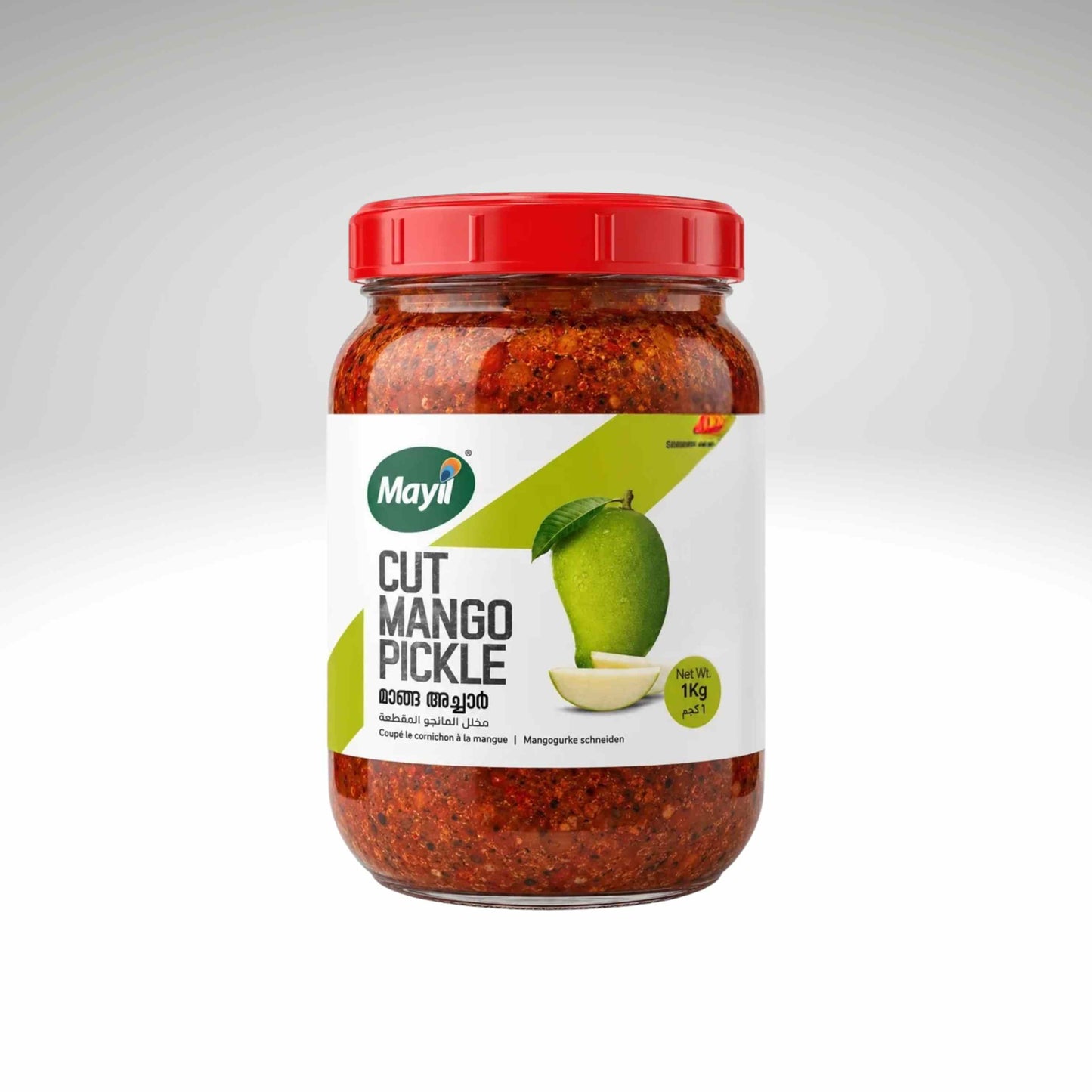 A 1kg glass jar of Mayil Cut Mango Pickle with a red lid and a white label featuring a green mango illustration, set against a light gray gradient background.