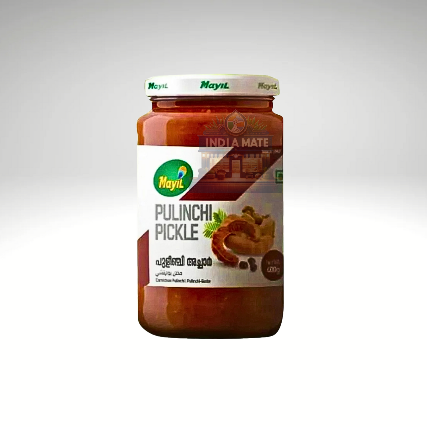 Jar of Mayil Pulinchi Pickle on a white background