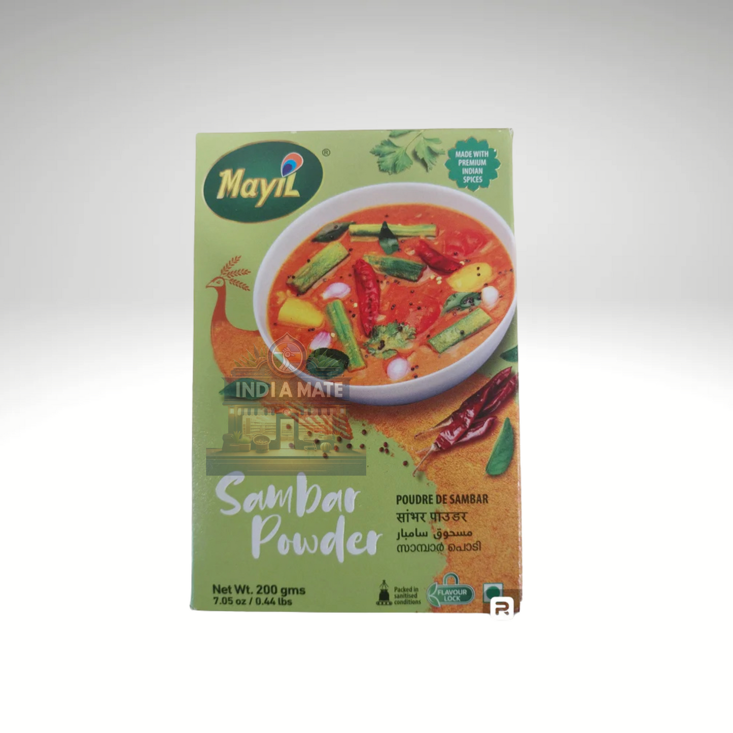 Mayil brand Sambar Powder packaging on a white background