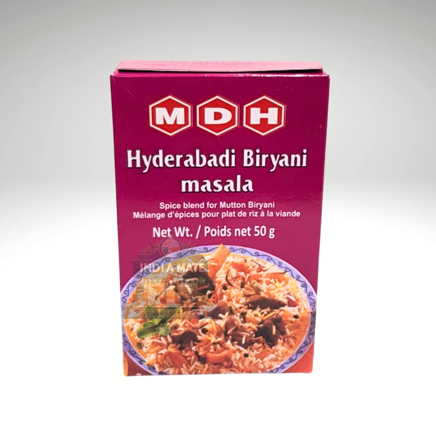 Box of MDH Hyderabadi Biryani masala spice blend on a white background