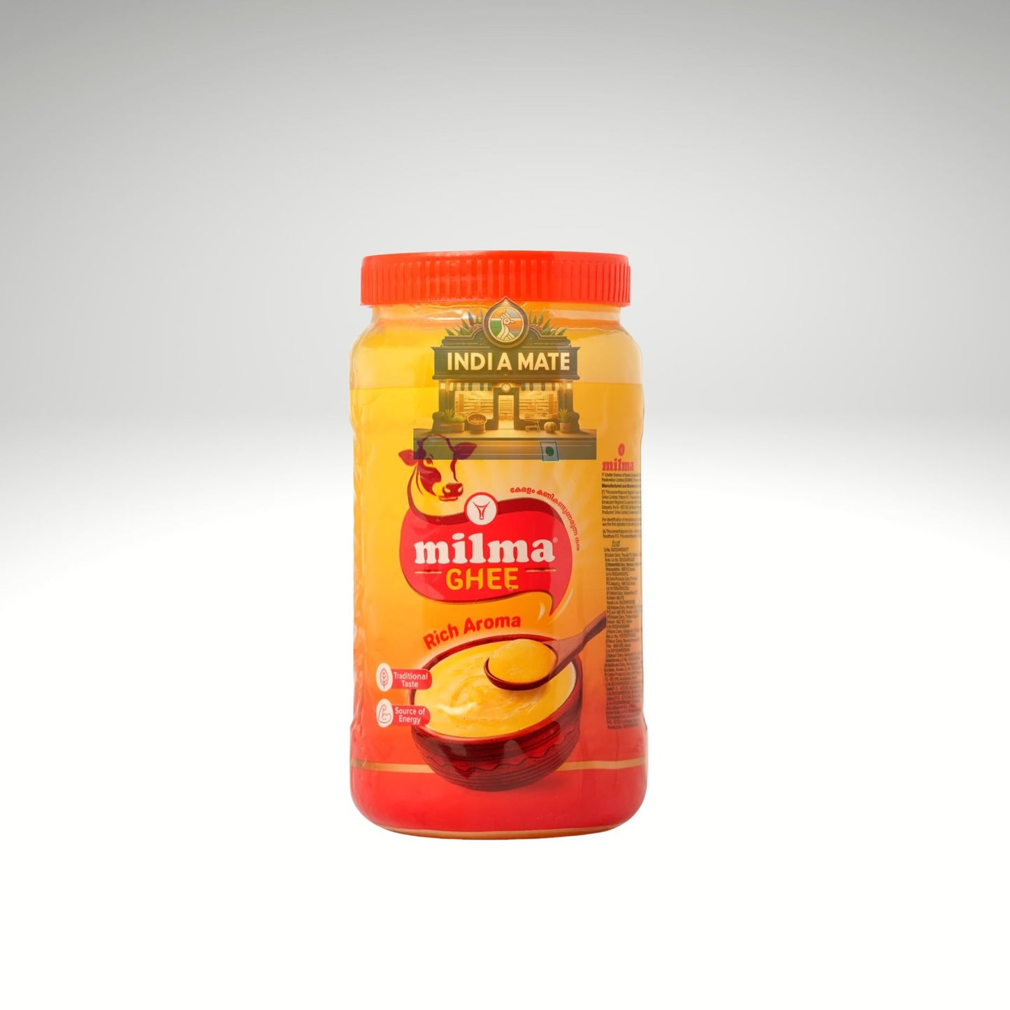 Jar of Milma Ghee with a red lid on a white background.