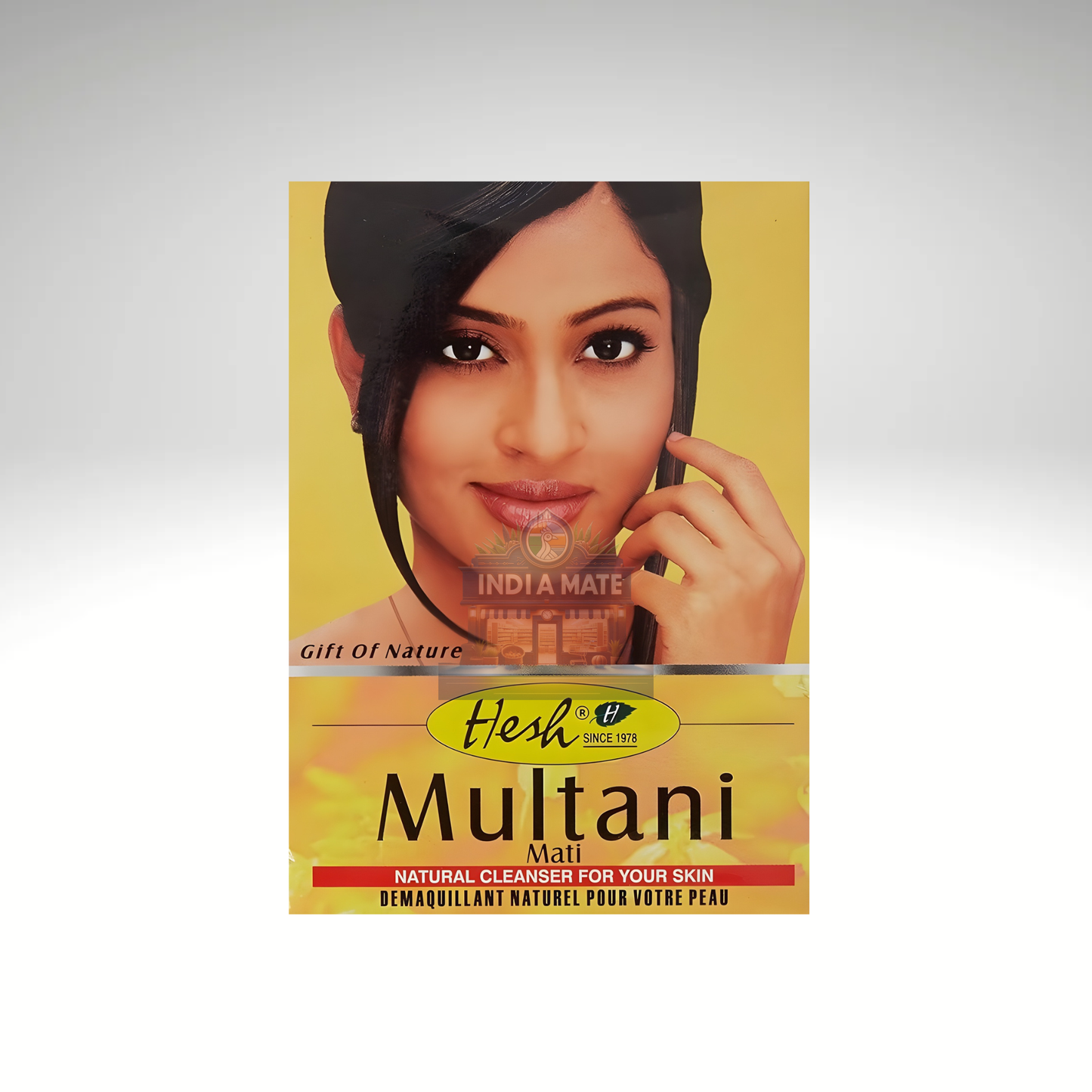 Multani Mitti packaging with a woman's face on a yellow background