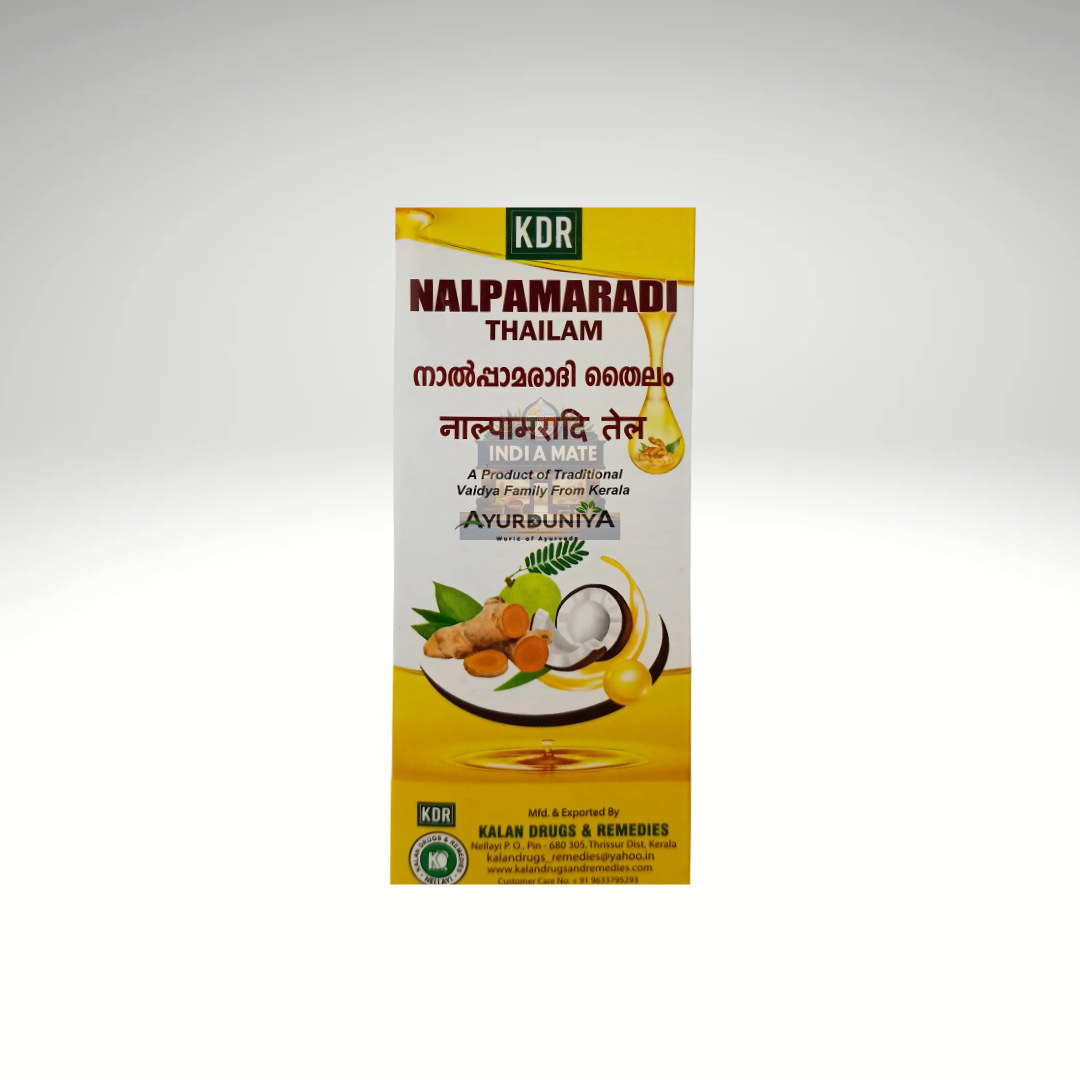 Nalpamaradi Thailam – ayurvedic herbal oil in a glass or bottle container.