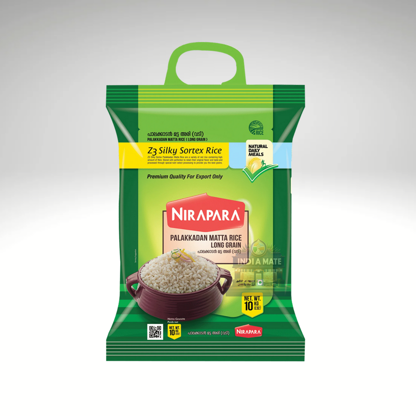Green package of Nirapara Palakkadan Matta Mitta Long Grain Rice on a white background.