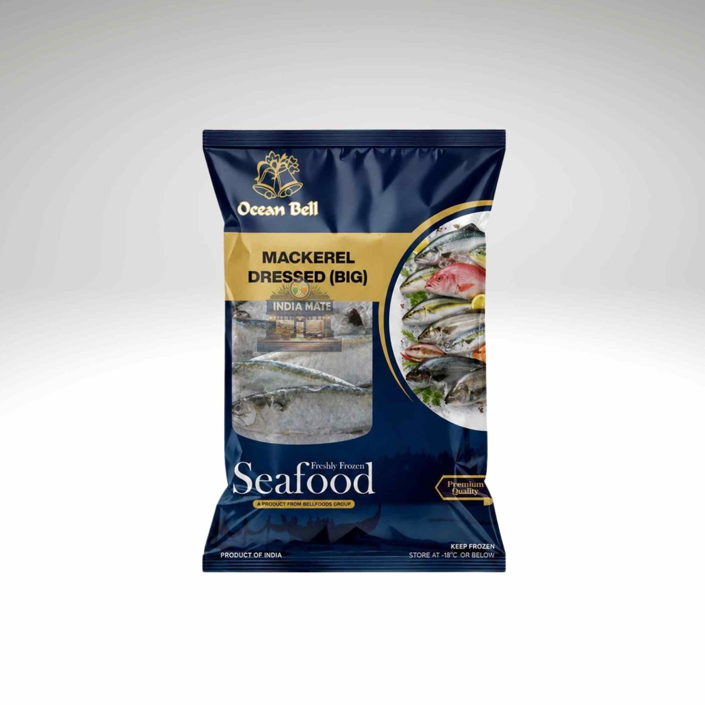 Ocean Bell Premium Pan Ready Mackerel (Ayala) in blue packing on white background.